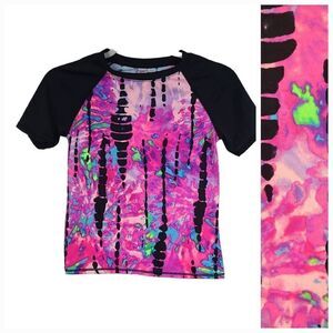 Justice Swim Top Pink Tie Dye Raglan Rash Guard Girls Size 10 UPF 50+ Swimwear